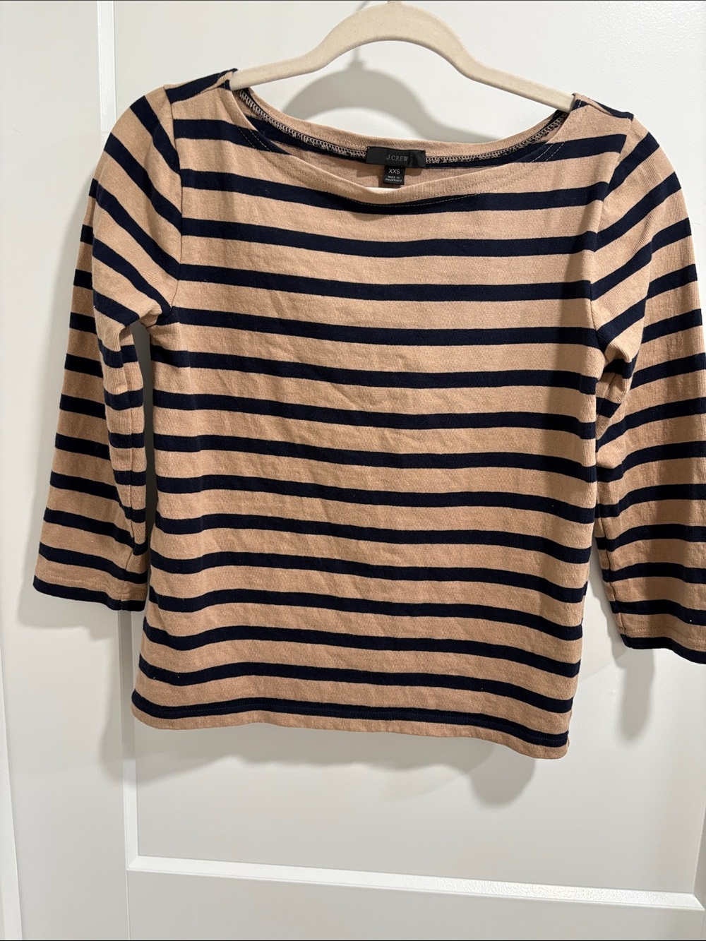 J. Crew Tan and Navy Striped Boatneck Long Sleeve Top